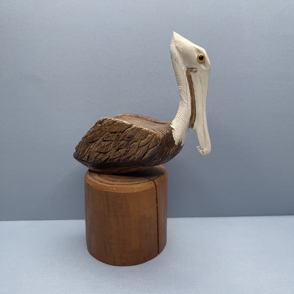 Vintage Brown Pelican Statute Figurine on Wood Piling Nautical Coastal Decor